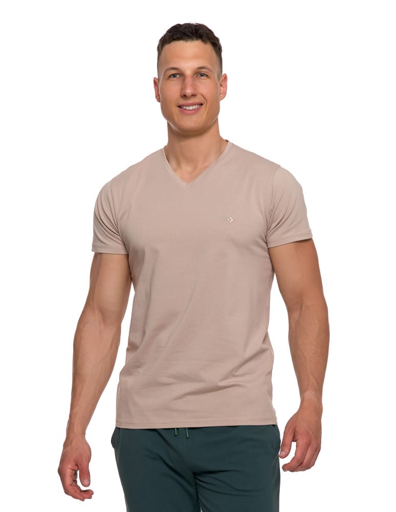 Koszulka męska bawełna Premium T-shirt dekolt w serek BEŻOWY