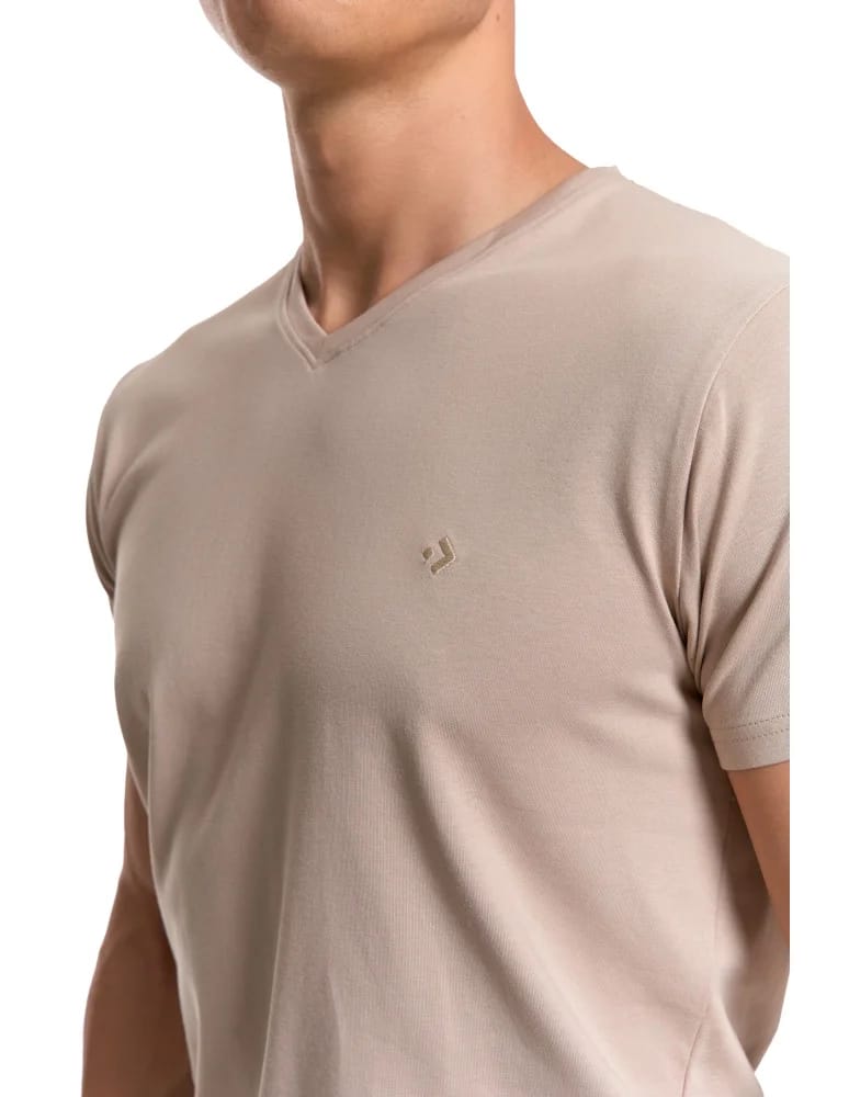 Koszulki i Tank Topy - Koszulka męska bawełna Premium T-shirt dekolt w serek BEŻOWY - produkt moraj.pl 4