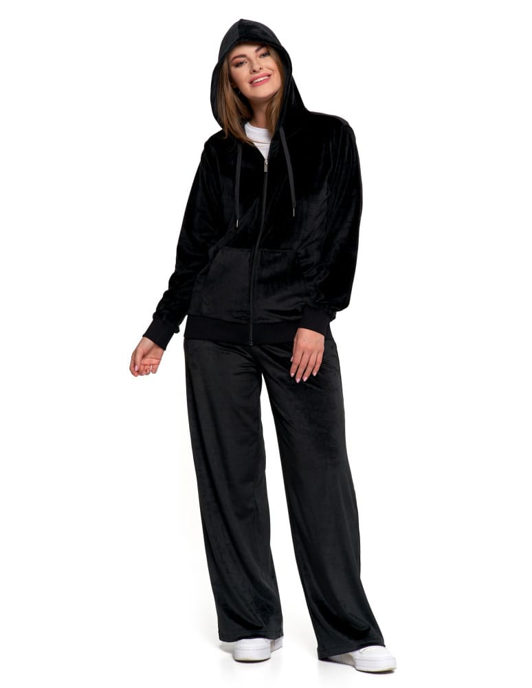 Bluzy damskie - Damska welurowa bluza z kapturem i zamkiem CZARNY  - produkt moraj.pl 2