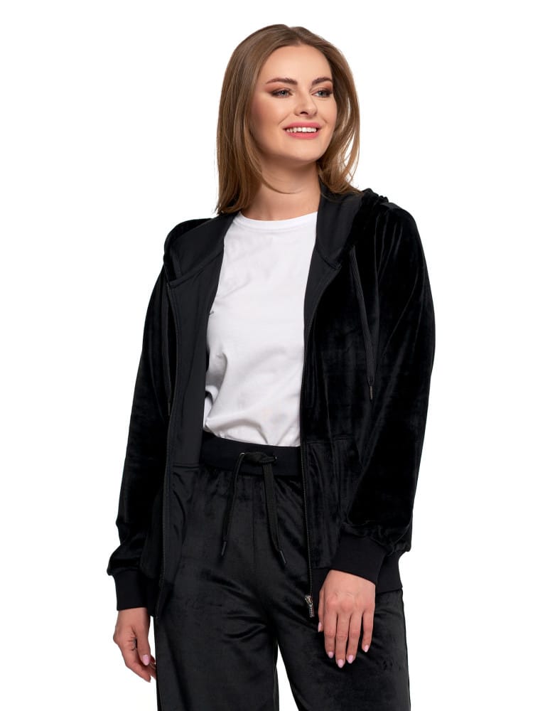 Bluzy damskie - Damska welurowa bluza z kapturem i zamkiem CZARNY  - produkt moraj.pl 3