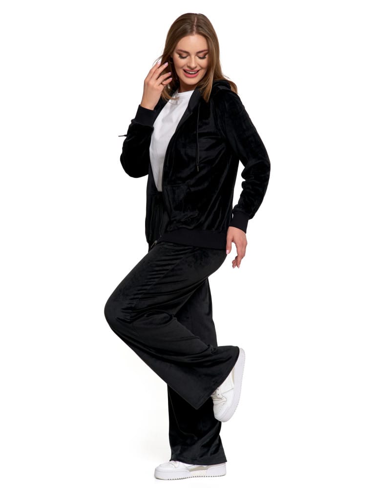 Bluzy damskie - Damska welurowa bluza z kapturem i zamkiem CZARNY  - produkt moraj.pl 4