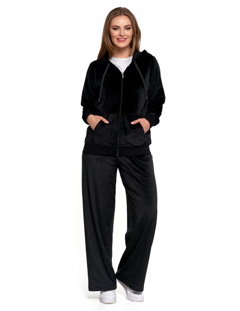 Bluzy damskie - Damska welurowa bluza z kapturem i zamkiem CZARNY  - produkt moraj.pl 5
