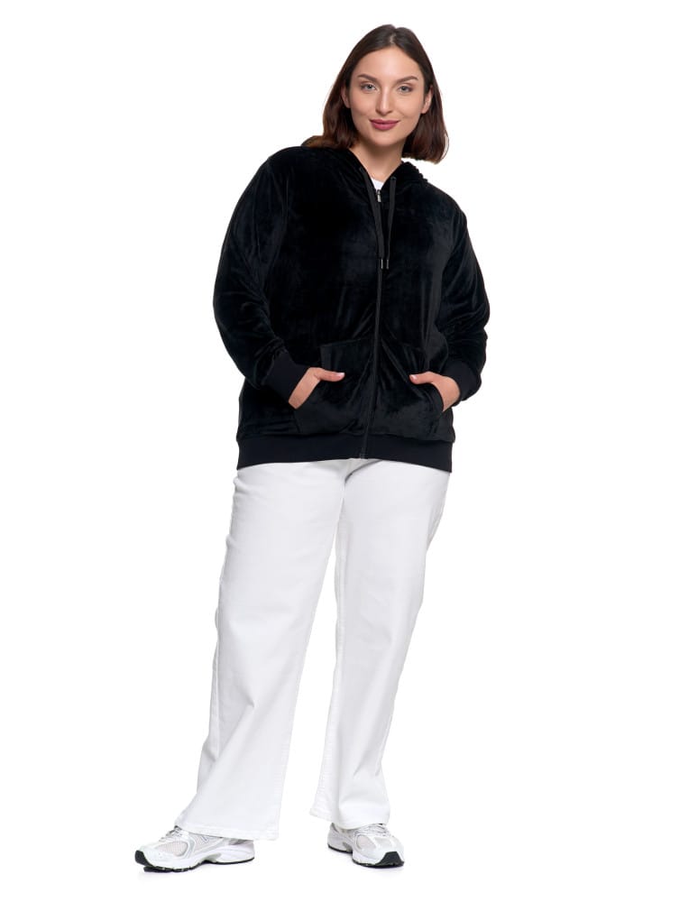 Bluzy damskie - Damska welurowa bluza z kapturem i zamkiem CZARNY  - produkt moraj.pl 8