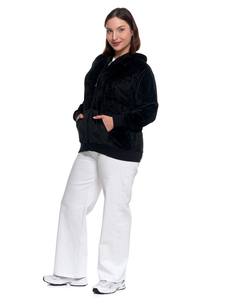 Bluzy damskie - Damska welurowa bluza z kapturem i zamkiem CZARNY  - produkt moraj.pl 9