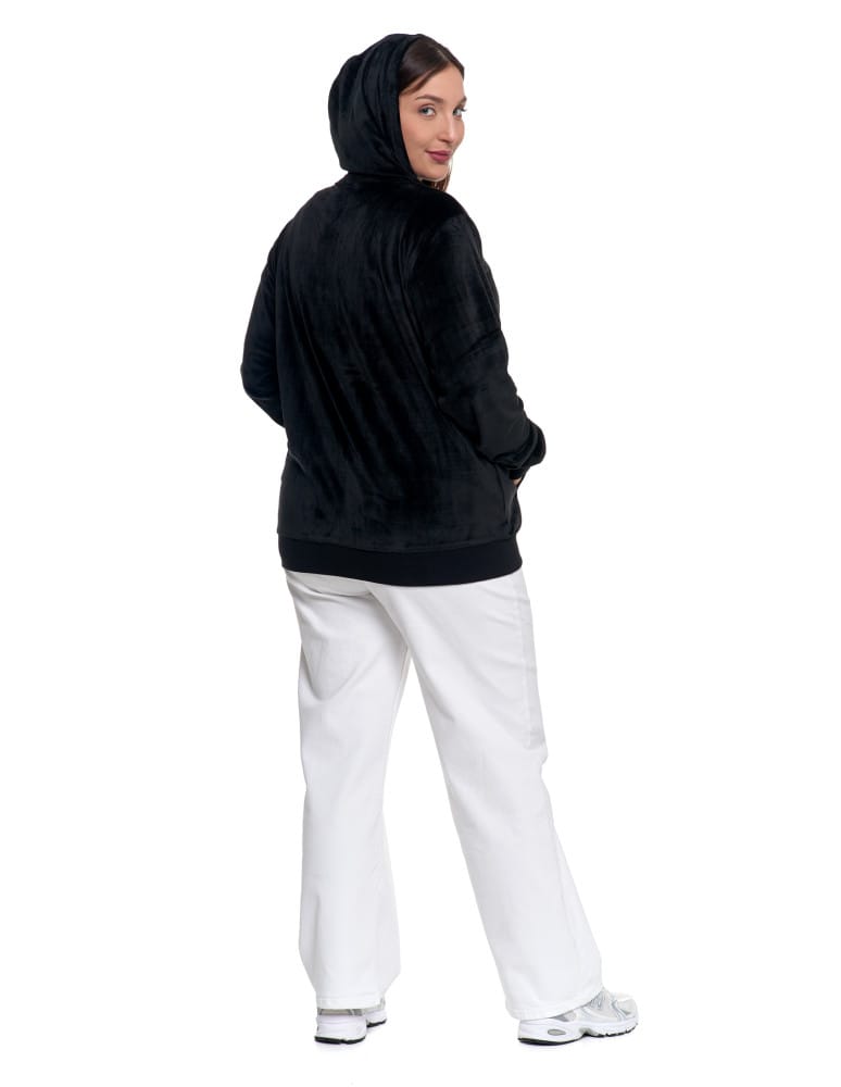 Bluzy damskie - Damska welurowa bluza z kapturem i zamkiem CZARNY  - produkt moraj.pl 11