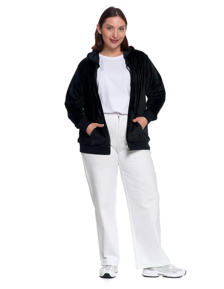 Bluzy damskie - Damska welurowa bluza z kapturem i zamkiem CZARNY  - produkt moraj.pl 12