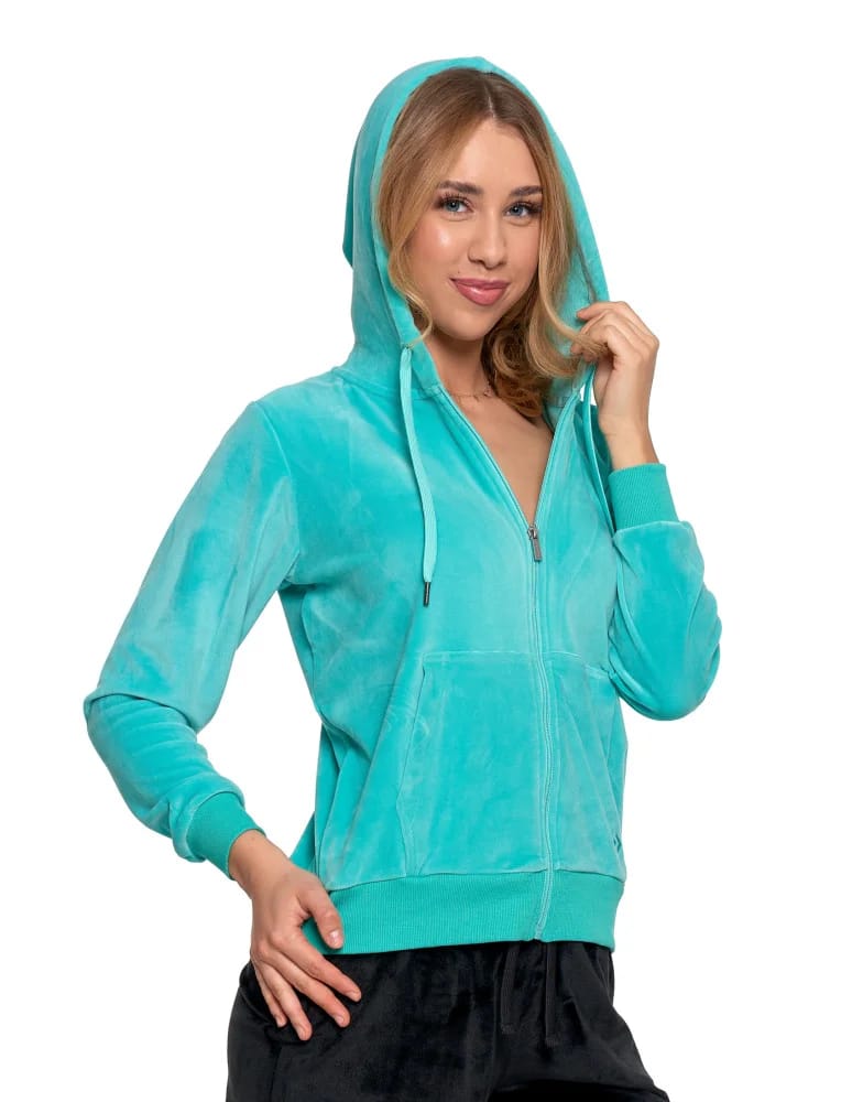 Bluzy damskie - Damska welurowa bluza z kapturem i zamkiem TURKUSOWY - produkt moraj.pl 3