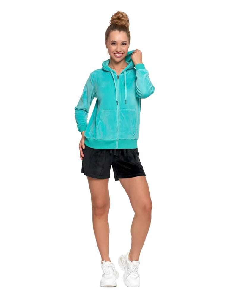 Bluzy damskie - Damska welurowa bluza z kapturem i zamkiem TURKUSOWY - produkt moraj.pl 6