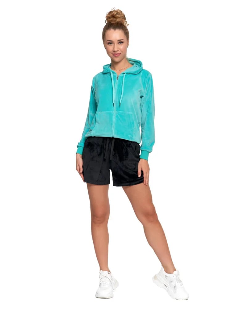 Bluzy damskie - Damska welurowa bluza z kapturem i zamkiem TURKUSOWY - produkt moraj.pl 7