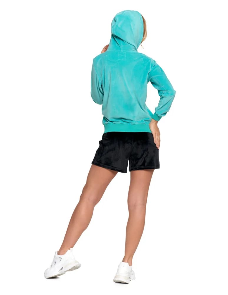 Bluzy damskie - Damska welurowa bluza z kapturem i zamkiem TURKUSOWY - produkt moraj.pl 11