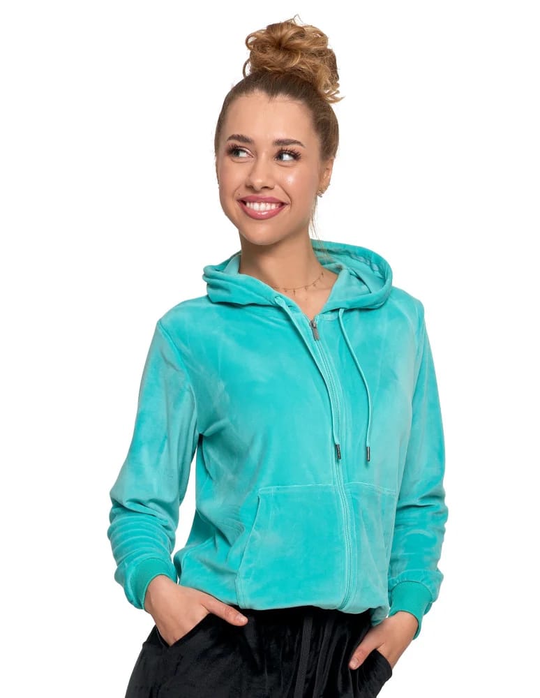 Bluzy damskie - Damska welurowa bluza z kapturem i zamkiem TURKUSOWY - produkt moraj.pl 12
