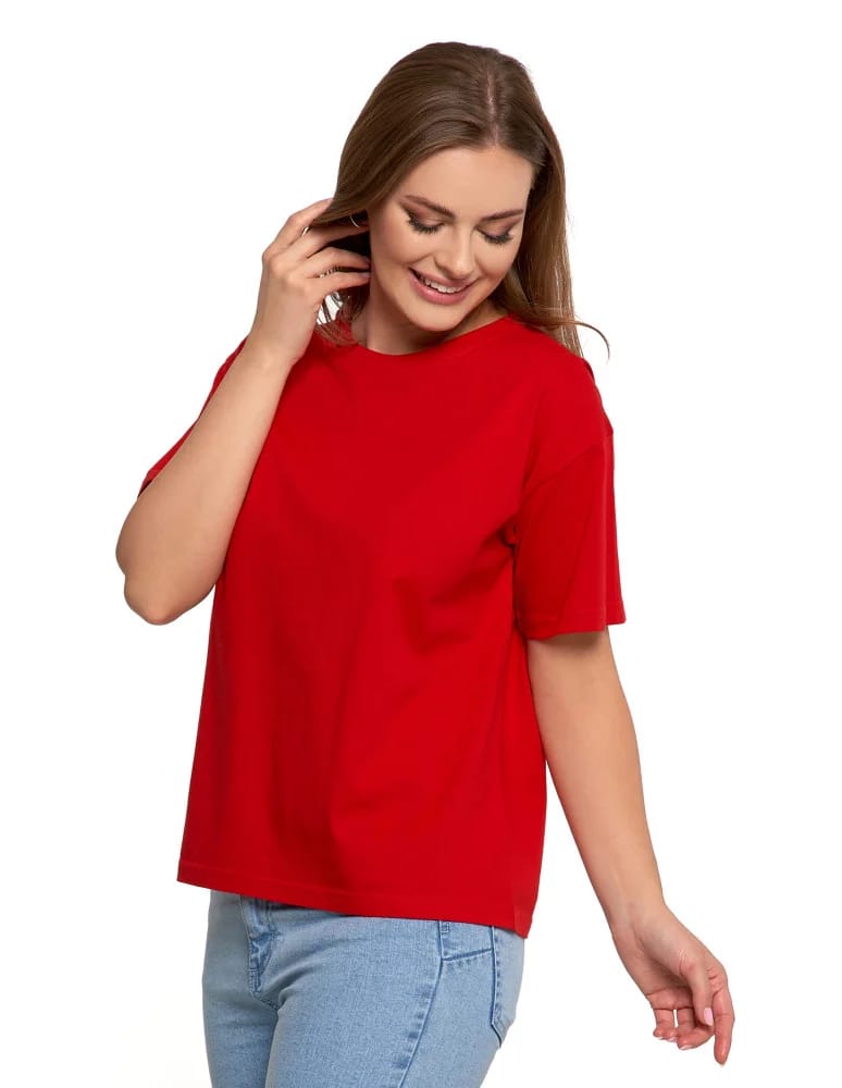 Koszulki i T-shirty - T-shirt damski z bawełny klasyczny z efektem peach touch CZERWONY - produkt moraj.pl 3