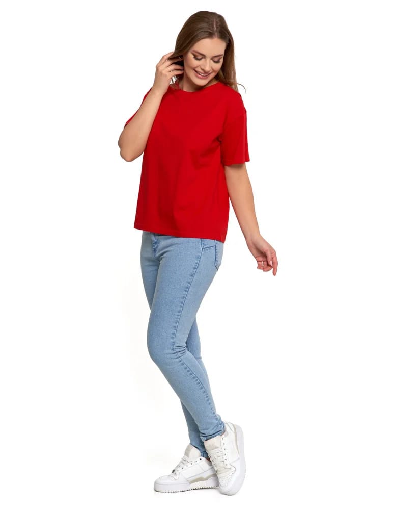 Koszulki i T-shirty - T-shirt damski z bawełny klasyczny z efektem peach touch CZERWONY - produkt moraj.pl 6