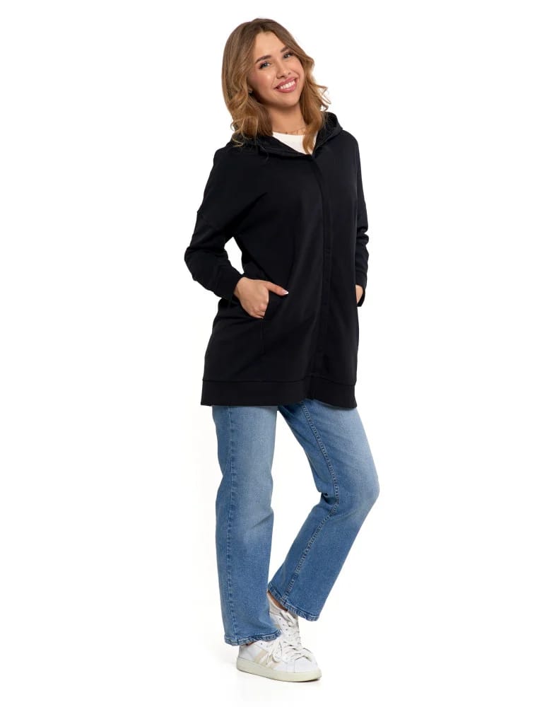 Bluzy damskie - Bluza damska dresowa długa z kapturem i zamkiem CZARNY  - produkt moraj.pl 3