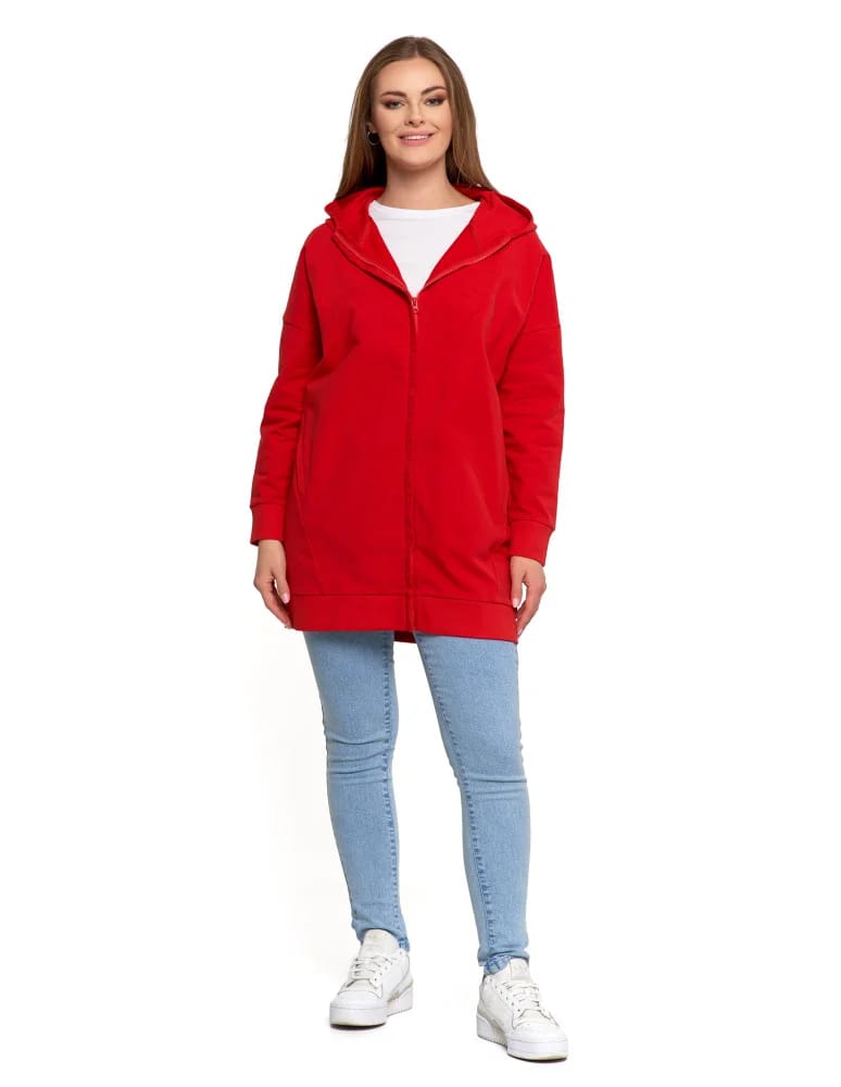 Bluzy damskie - Bluza damska dresowa długa z kapturem i zamkiem CZERWONY - produkt moraj.pl 4
