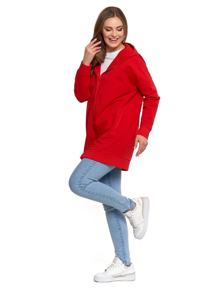 Bluzy damskie - Bluza damska dresowa długa z kapturem i zamkiem CZERWONY - produkt moraj.pl 5