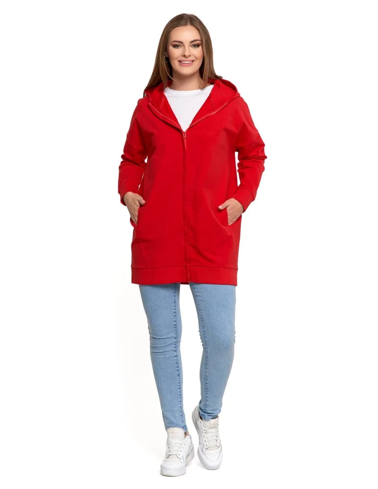Bluzy damskie - Bluza damska dresowa długa z kapturem i zamkiem CZERWONY - produkt moraj.pl 7