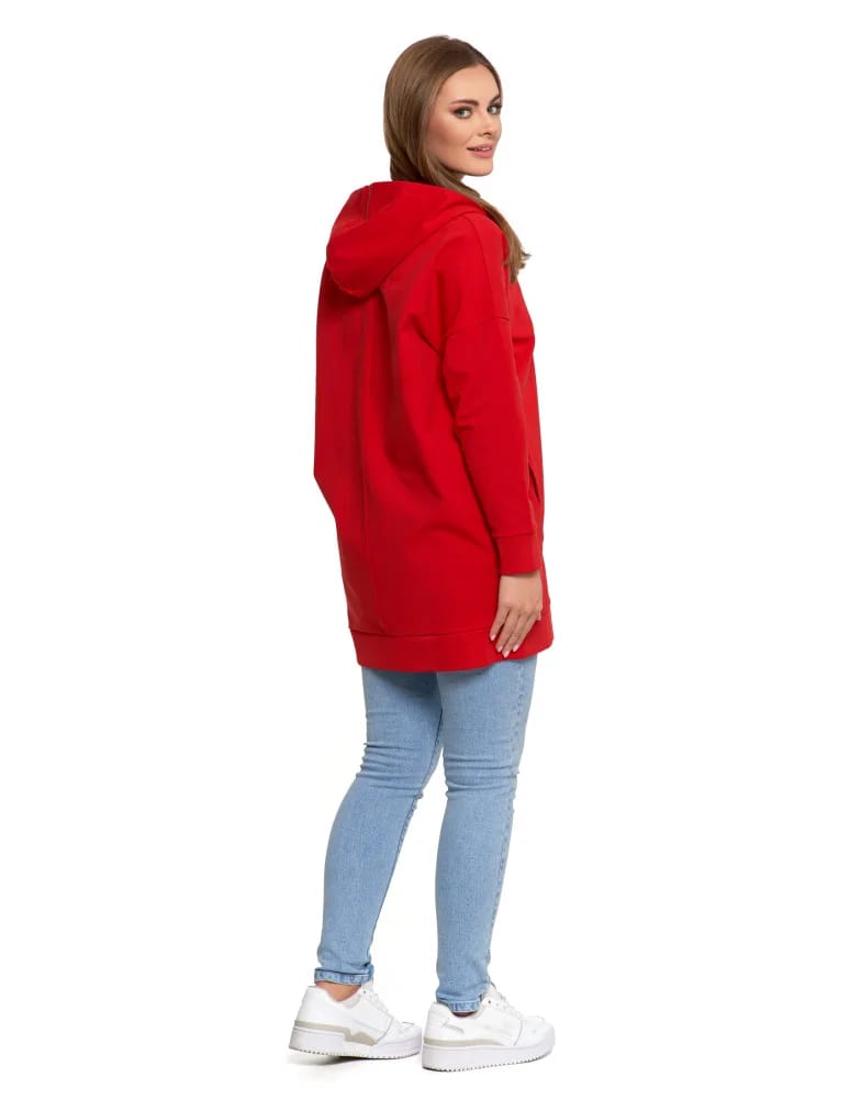 Bluzy damskie - Bluza damska dresowa długa z kapturem i zamkiem CZERWONY - produkt moraj.pl 9