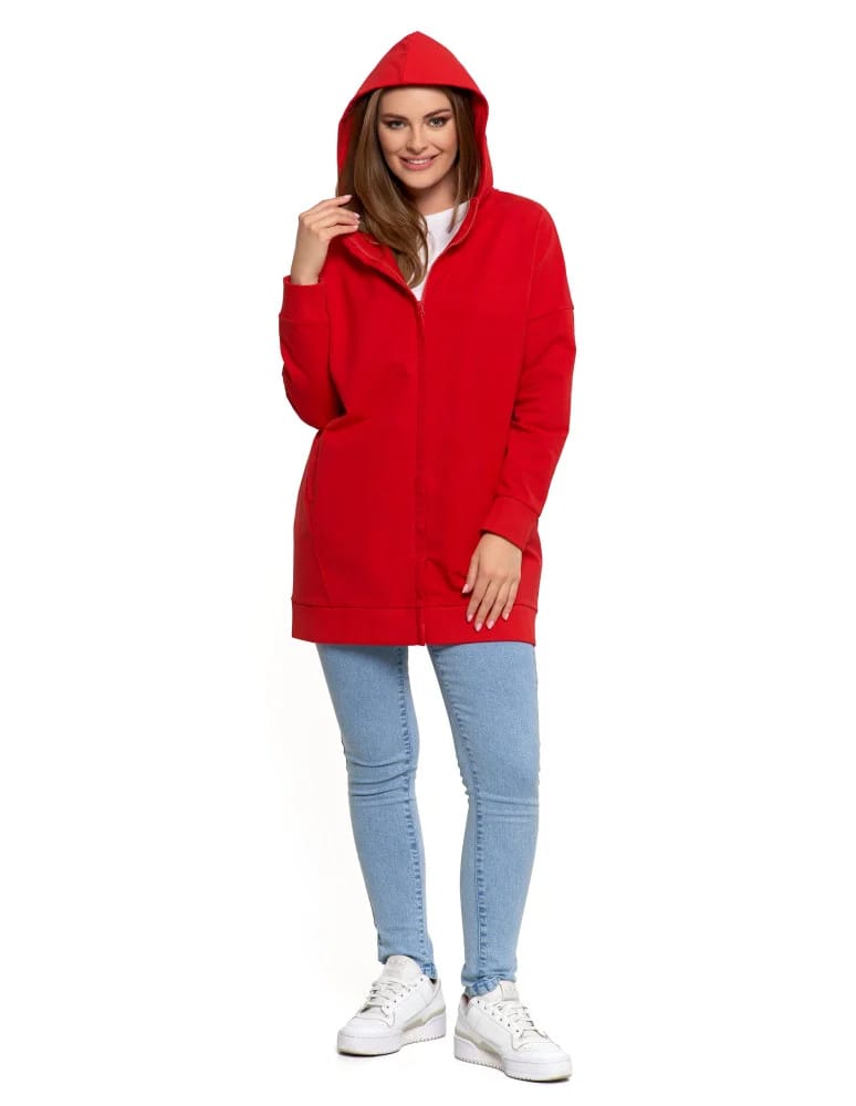Bluzy damskie - Bluza damska dresowa długa z kapturem i zamkiem CZERWONY - produkt moraj.pl 10
