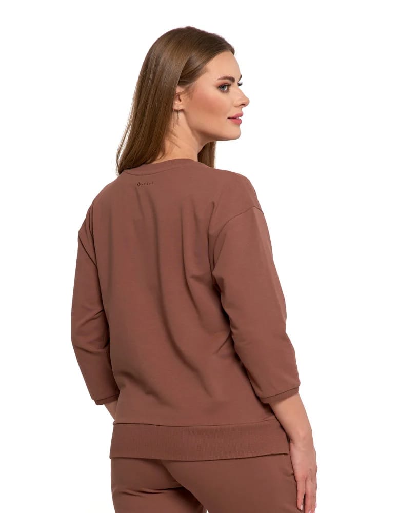 Bluzy damskie - Bluza dresowa damska z rękawem 3/4 i rozcięciem po bokach BRĄZOWY - produkt moraj.pl 2