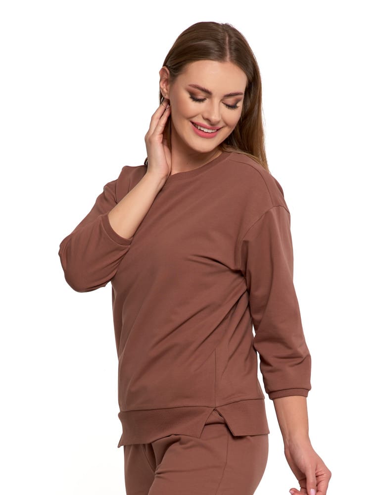 Bluzy damskie - Bluza dresowa damska z rękawem 3/4 i rozcięciem po bokach BRĄZOWY  - produkt moraj.pl 6