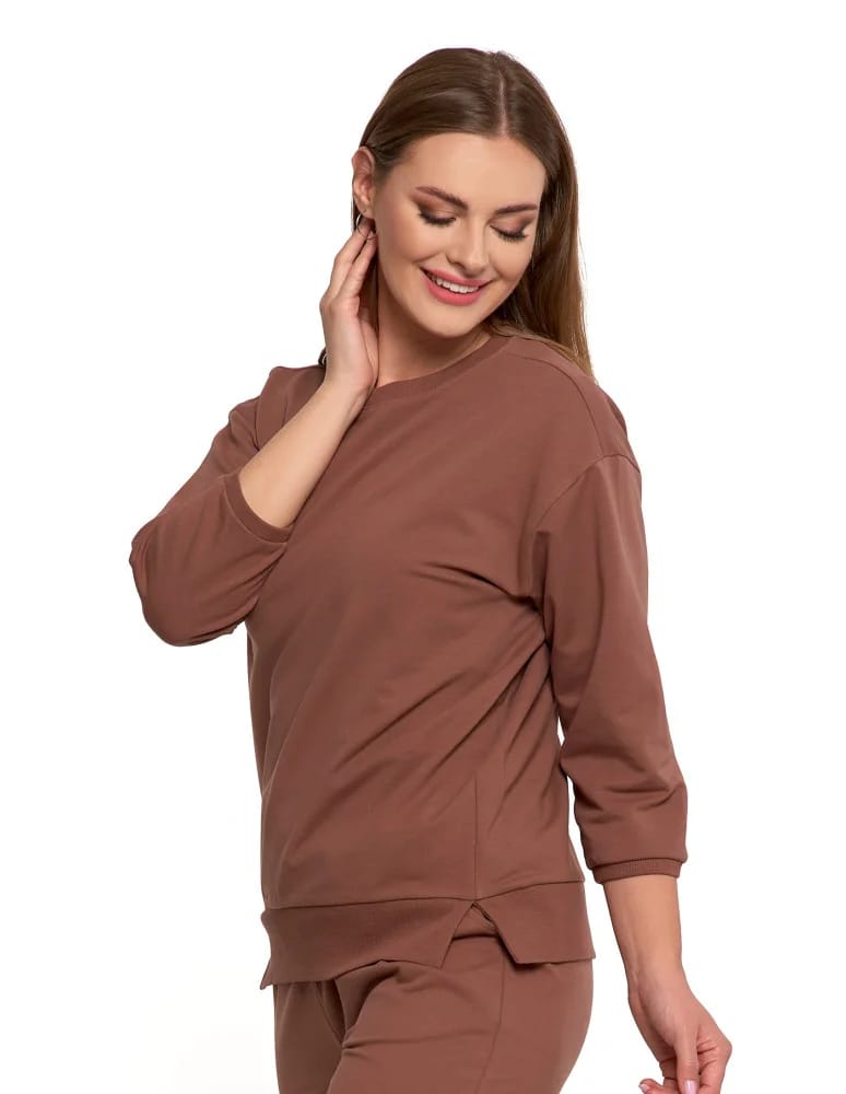 Bluzy damskie - Bluza dresowa damska z rękawem 3/4 i rozcięciem po bokach BRĄZOWY - produkt moraj.pl 6