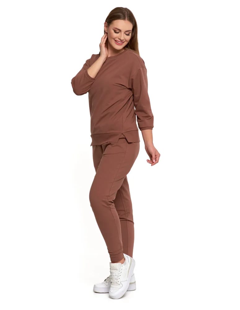 Bluzy damskie - Bluza dresowa damska z rękawem 3/4 i rozcięciem po bokach BRĄZOWY - produkt moraj.pl 8