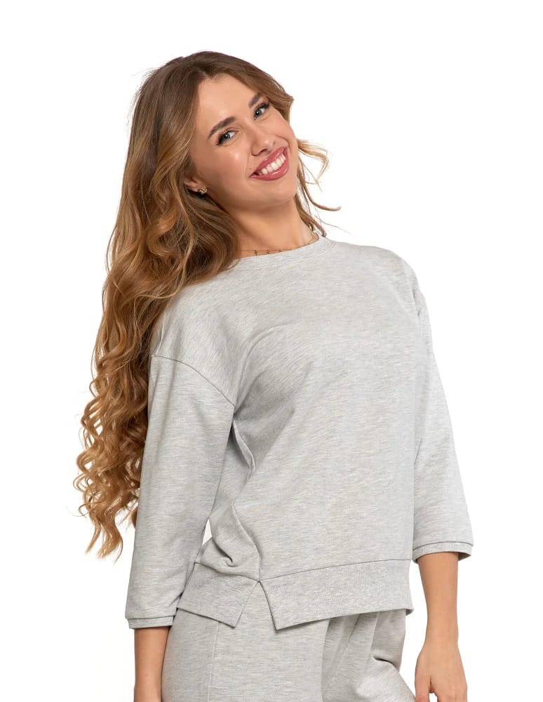 Bluzy damskie - Bluza dresowa damska z rękawem 3/4 i rozcięciem po bokach JASNY SZARY - produkt moraj.pl 6