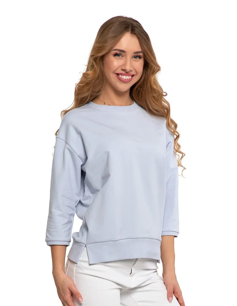 Bluzy damskie - Bluza dresowa damska z rękawem 3/4 i rozcięciem po bokach JASNY NIEBIESKI - produkt moraj.pl 6