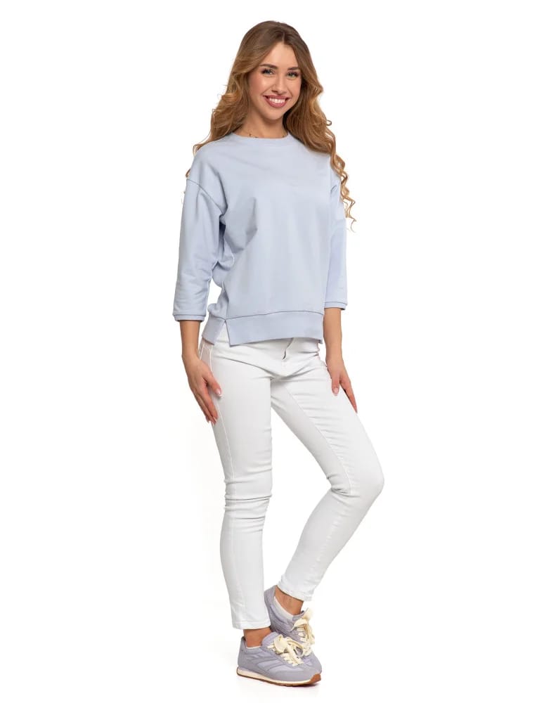 Bluzy damskie - Bluza dresowa damska z rękawem 3/4 i rozcięciem po bokach JASNY NIEBIESKI - produkt moraj.pl 8