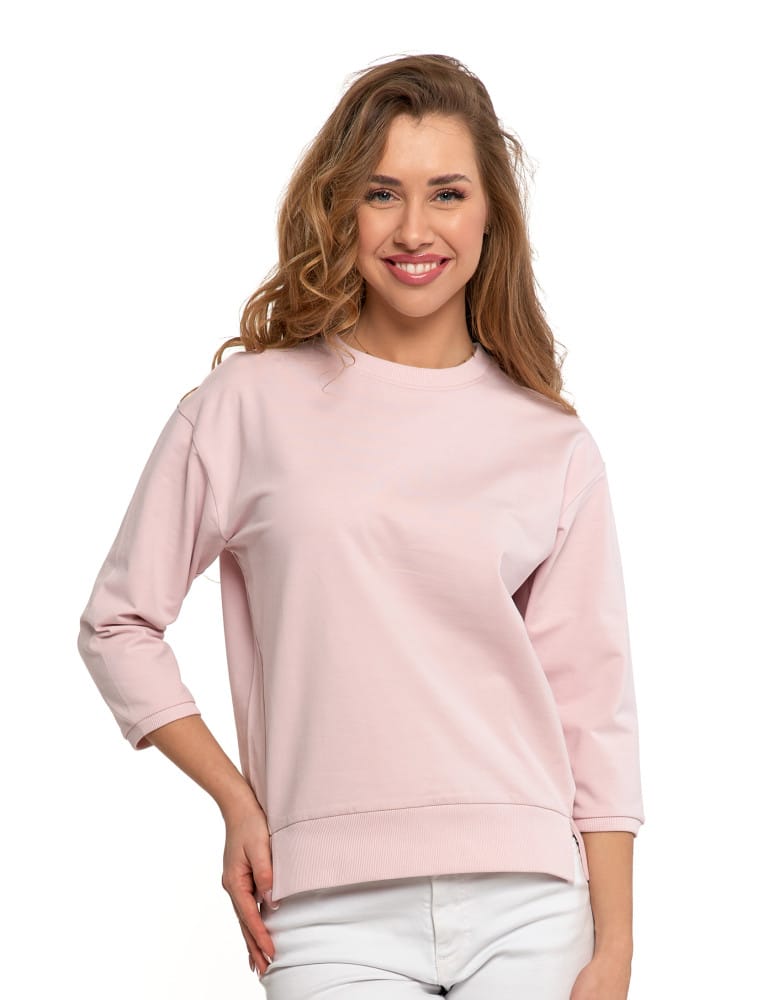 Bluzy damskie - Bluza dresowa damska z rękawem 3/4 i rozcięciem po bokach RÓŻOWY - produkt moraj.pl 1