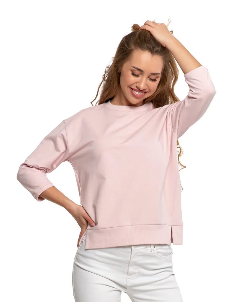 Bluzy damskie - Bluza dresowa damska z rękawem 3/4 i rozcięciem po bokach RÓŻOWY  - produkt moraj.pl 8