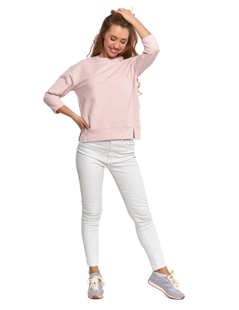 Bluzy damskie - Bluza dresowa damska z rękawem 3/4 i rozcięciem po bokach RÓŻOWY  - produkt moraj.pl 9