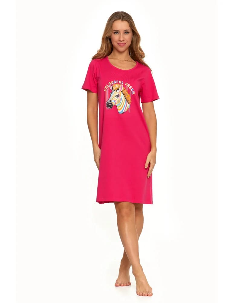 Koszule nocne - Koszula nocna damska z krótkim rękawem Plus Size z nadrukiem FUKSJA  - produkt moraj.pl 2