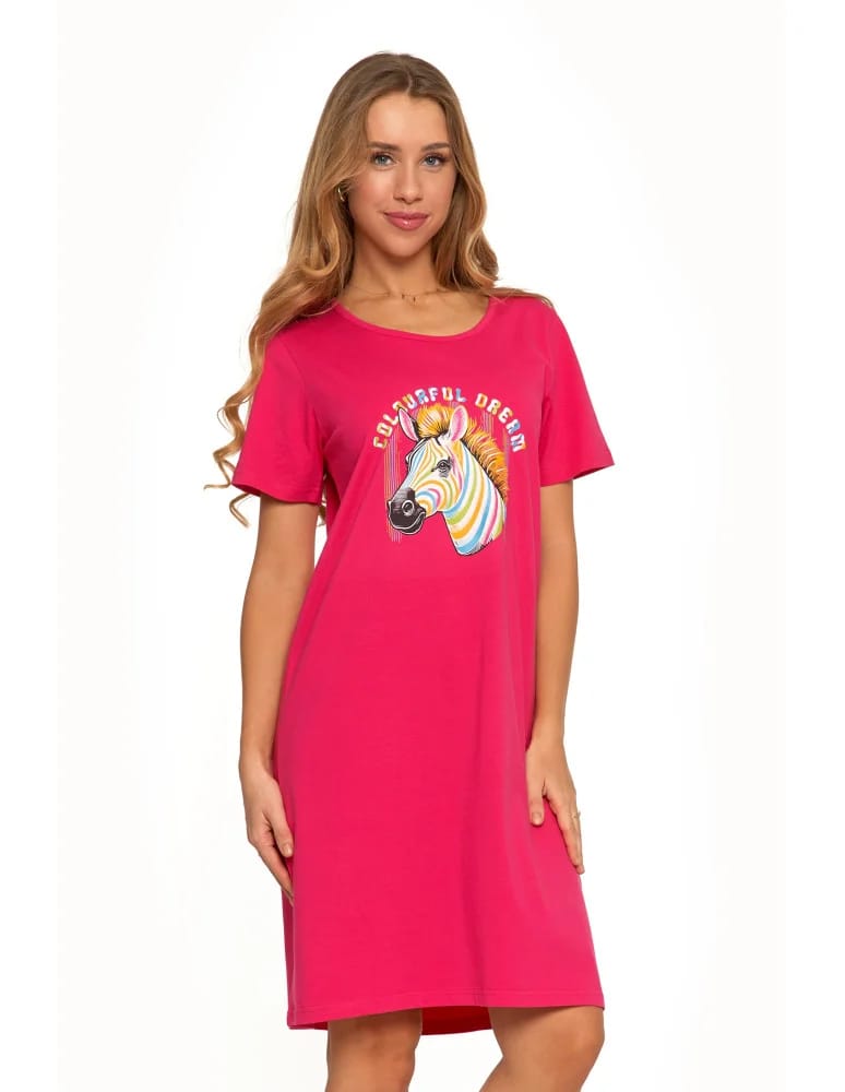 Koszule nocne - Koszula nocna damska z krótkim rękawem Plus Size z nadrukiem FUKSJA  - produkt moraj.pl 5