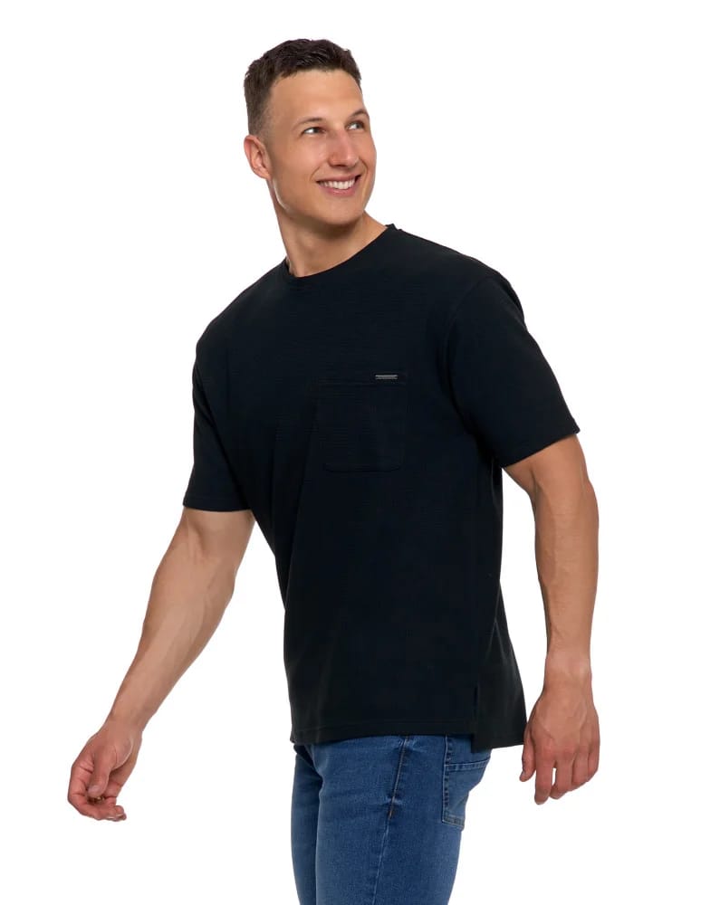 Koszulki i Tank Topy - T-shirt męski strukturalny casual z kieszonką CZARNY  - produkt moraj.pl 5