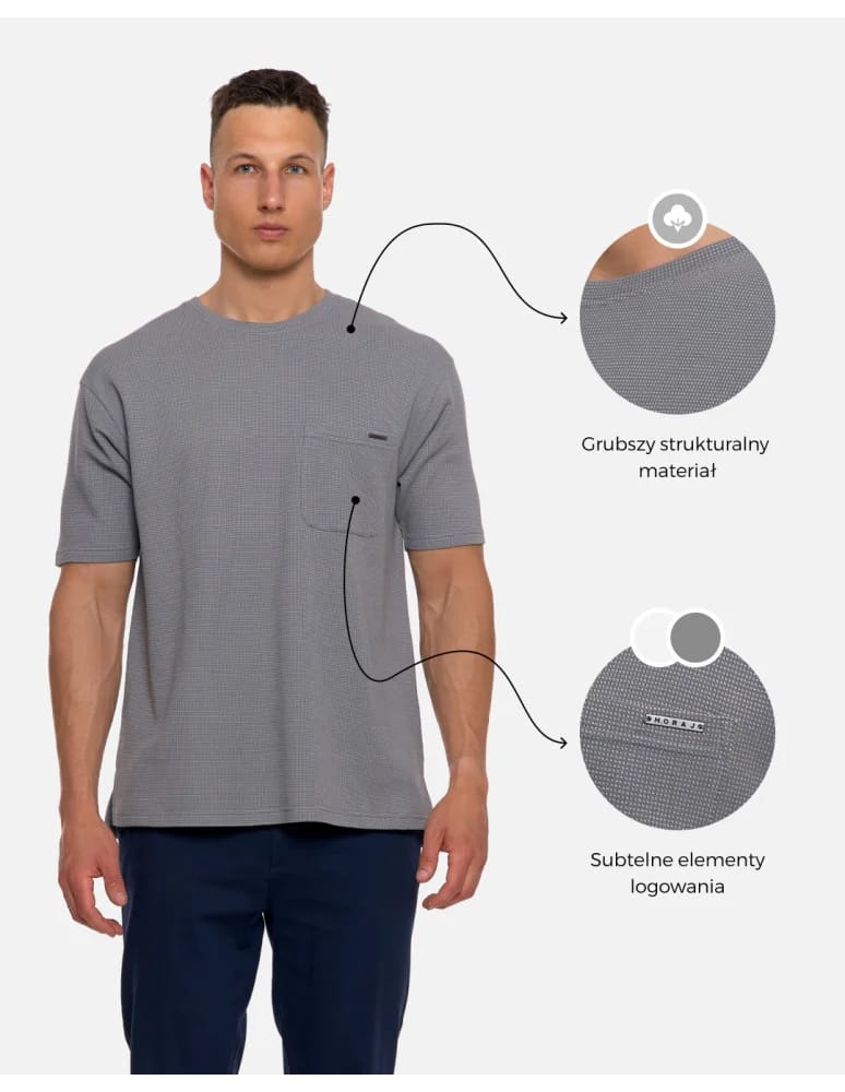 Koszulki i Tank Topy - T-shirt męski strukturalny casual z kieszonką SZARY  - produkt moraj.pl 2