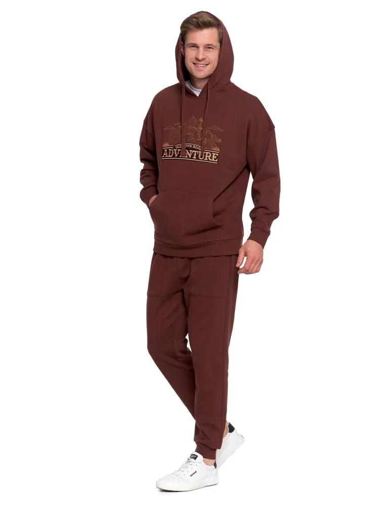 Bluzy męskie - Męska bluza dresowa z kapturem i haftem ocieplana BRĄZOWY  - produkt moraj.pl 11