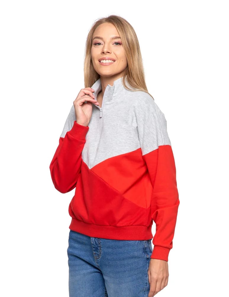 Bluzy damskie - Bluza dresowa damska z zamkiem i stójką CZERWONY  - produkt moraj.pl 2