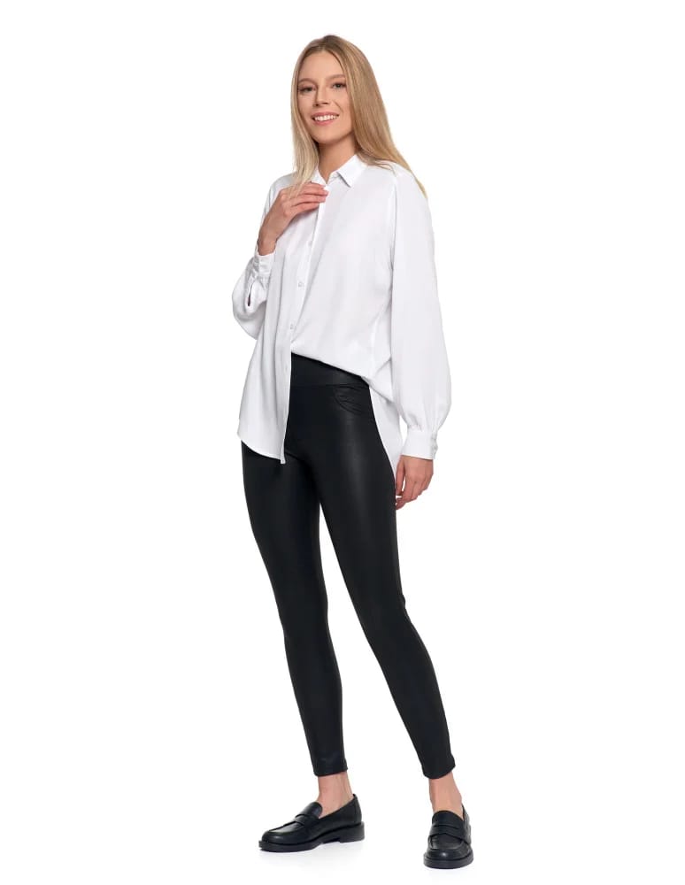 Legginsy damskie - Damskie legginsy z wysokim stanem w stylu skórzanym CZARNY  - produkt moraj.pl 9