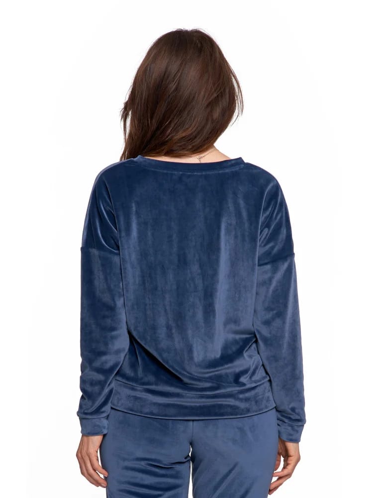 Bluzy damskie - Bluza damska welurowa klasyczna z dekoltem V GRANATOWY - produkt moraj.pl 3