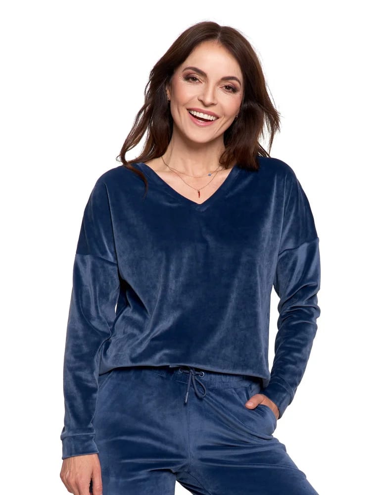 Bluzy damskie - Bluza damska welurowa klasyczna z dekoltem V GRANATOWY - produkt moraj.pl 5