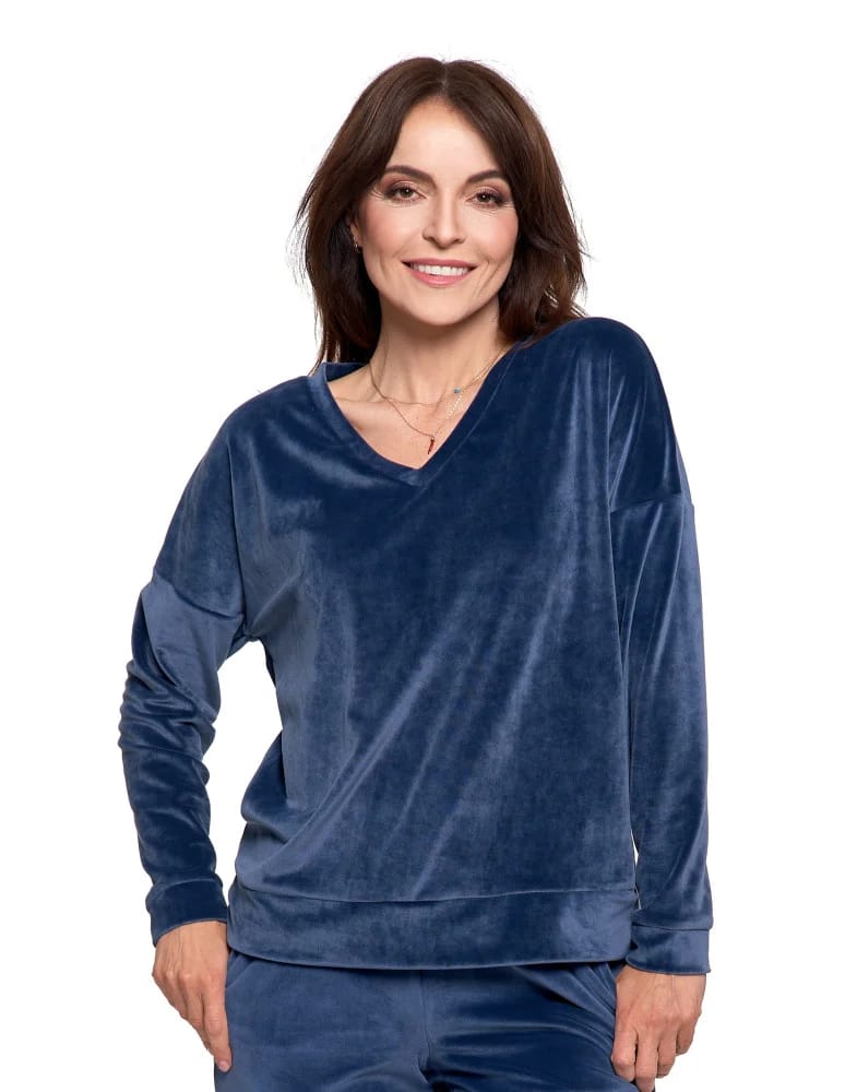 Bluzy damskie - Bluza damska welurowa klasyczna z dekoltem V GRANATOWY - produkt moraj.pl 7