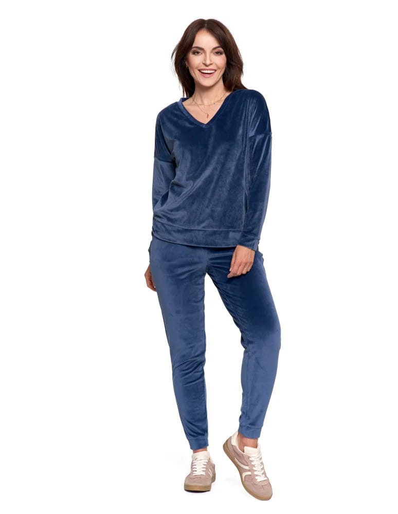 Bluzy damskie - Bluza damska welurowa klasyczna z dekoltem V GRANATOWY - produkt moraj.pl 9