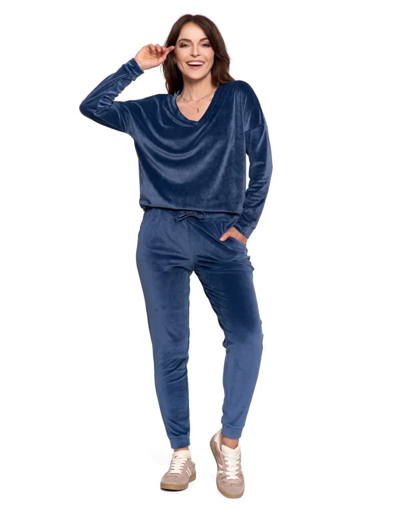 Bluzy damskie - Bluza damska welurowa klasyczna z dekoltem V GRANATOWY - produkt moraj.pl 11