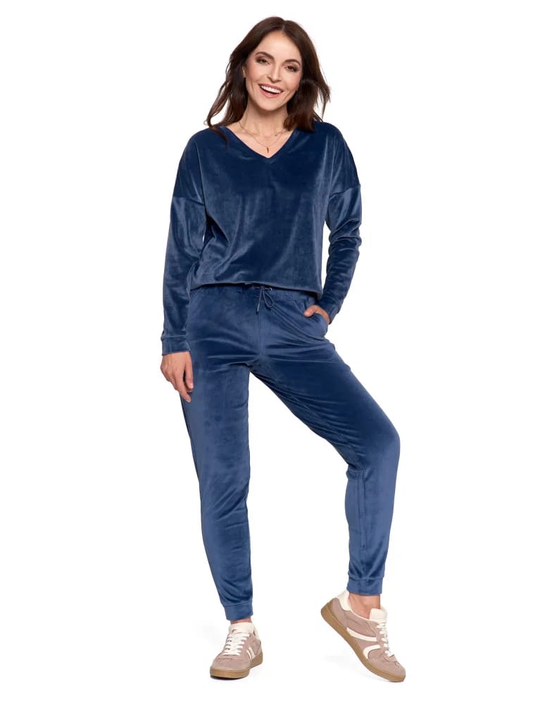 Bluzy damskie - Bluza damska welurowa klasyczna z dekoltem V GRANATOWY - produkt moraj.pl 12