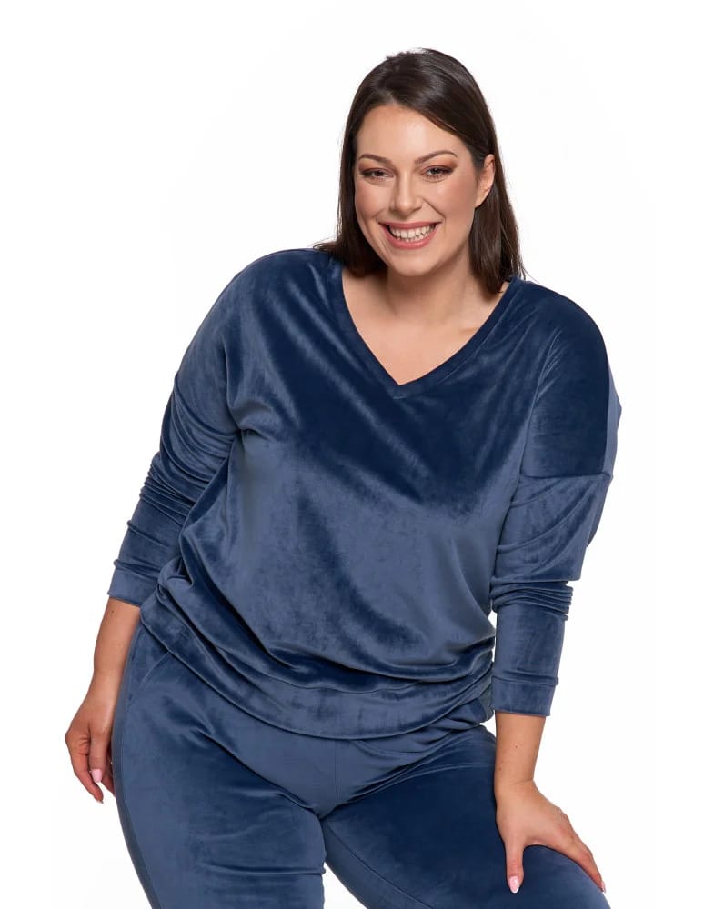 Bluzy damskie - Bluza damska welurowa klasyczna z dekoltem V GRANATOWY - produkt moraj.pl 14