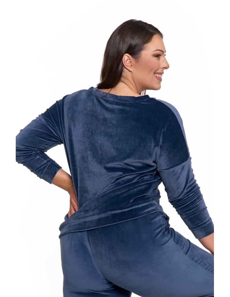 Bluzy damskie - Bluza damska welurowa klasyczna z dekoltem V GRANATOWY  - produkt moraj.pl 15