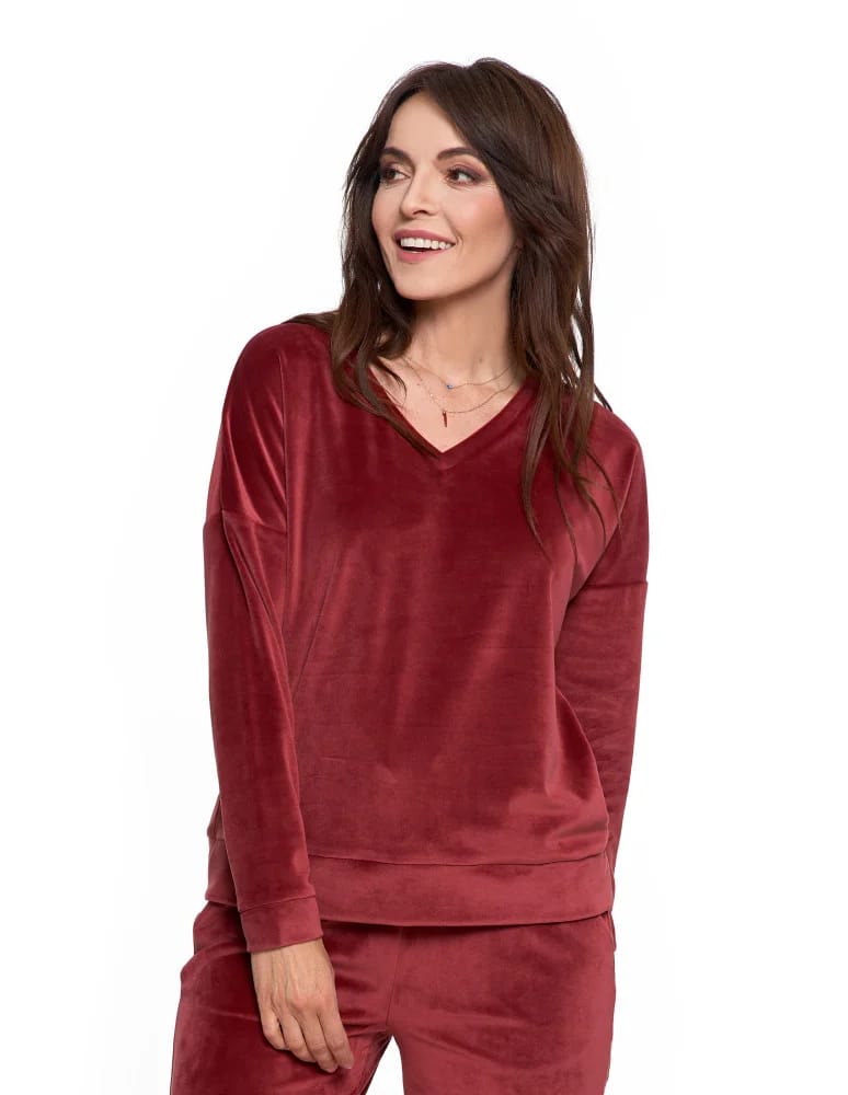 Bluzy damskie - Bluza damska welurowa klasyczna z dekoltem V BORDOWY - produkt moraj.pl 6