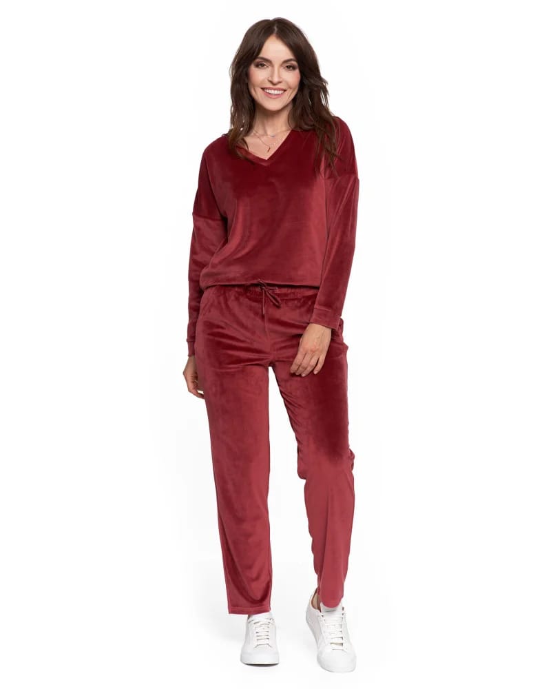 Bluzy damskie - Bluza damska welurowa klasyczna z dekoltem V BORDOWY - produkt moraj.pl 7